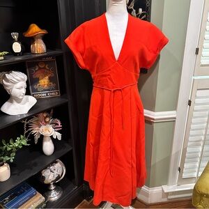 Rebecca Vallance Red Belted Midi Dress Size 8
